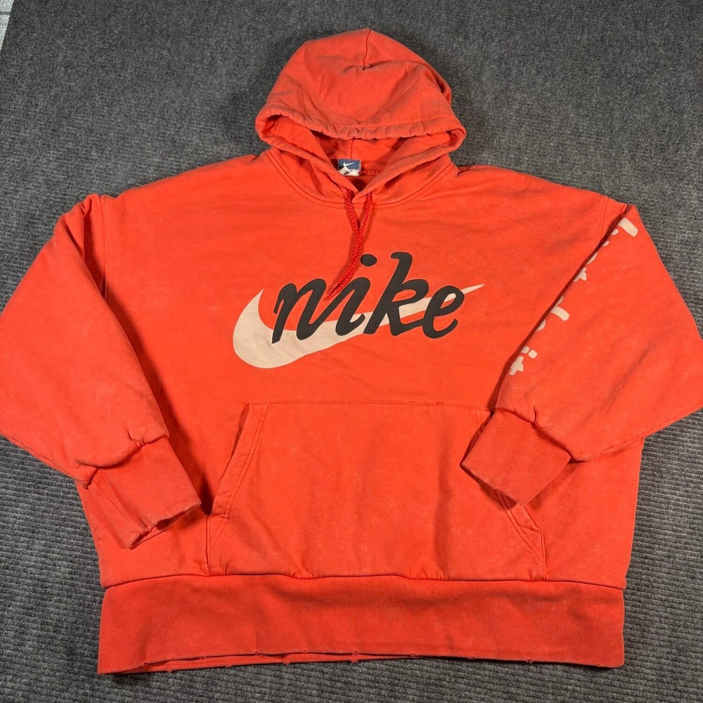 Vtg Nike Hoodie Mens 2XL Orange Good Blue Tag Script Logo Swoosh Oversized